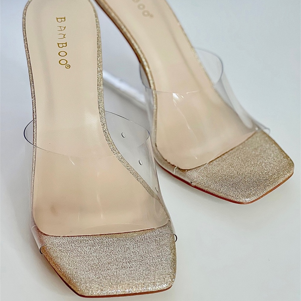 NEW Women’s Clear Bamboo Slip On Square Toe Wedge Heel Sandal Champagne Glitter
